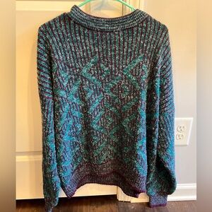 Chic Geometric Knit Sweater - Teal and Burgundy